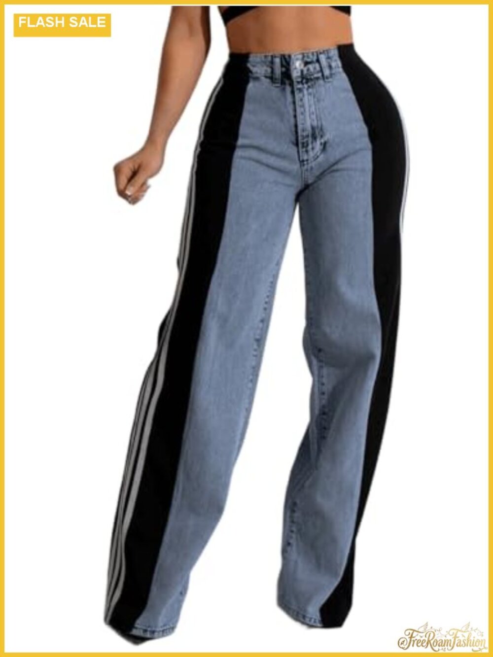 High Waisted Wide Leg Patchwork Stripe Stretch Jeans